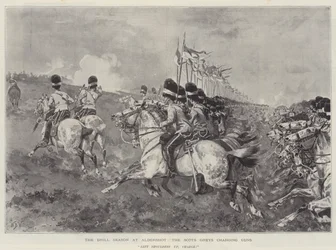 The Drill Season at Aldershot, the Scots Greys Charging Guns